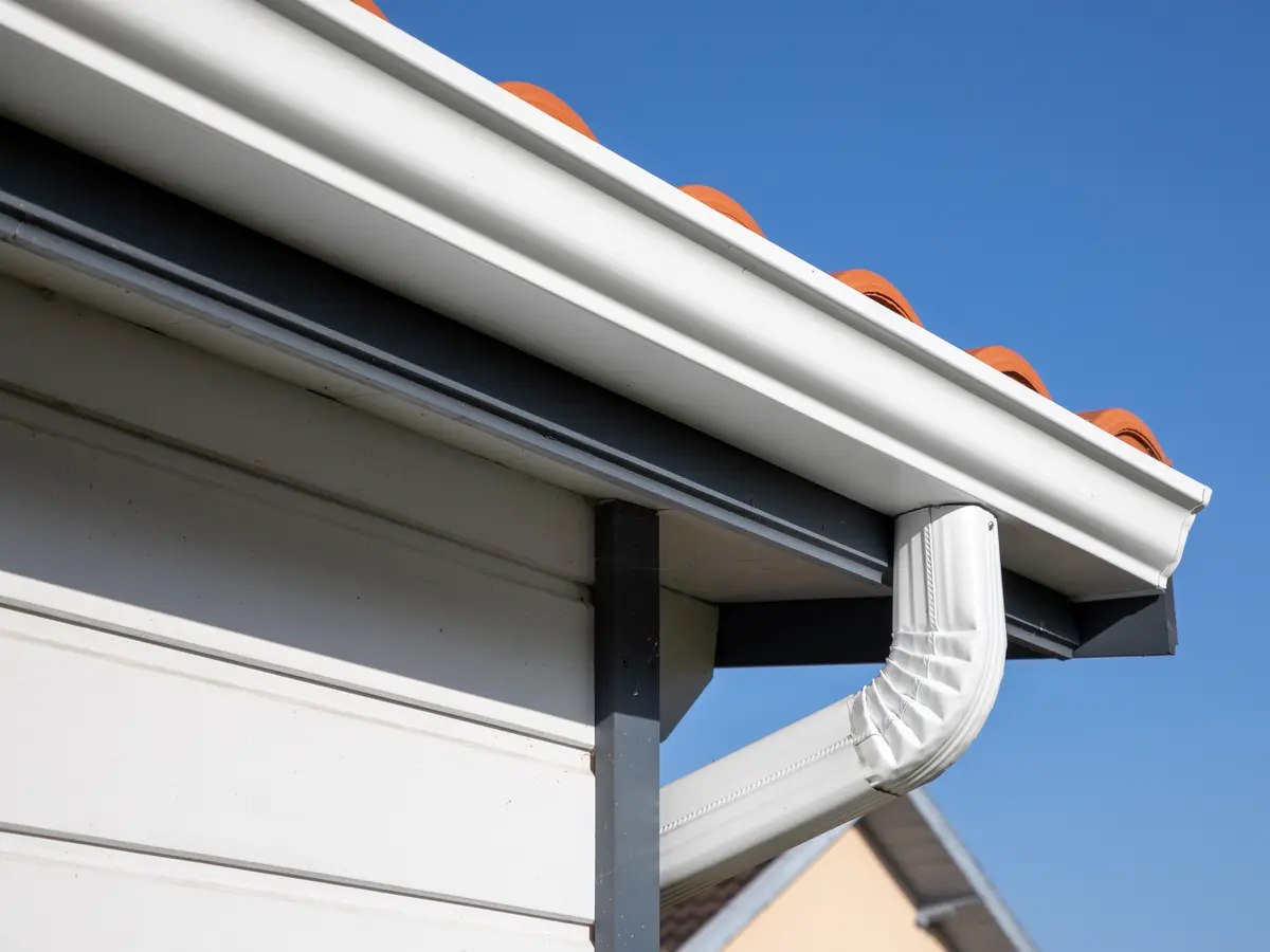 White eavestrough and downspout below a vented soffit