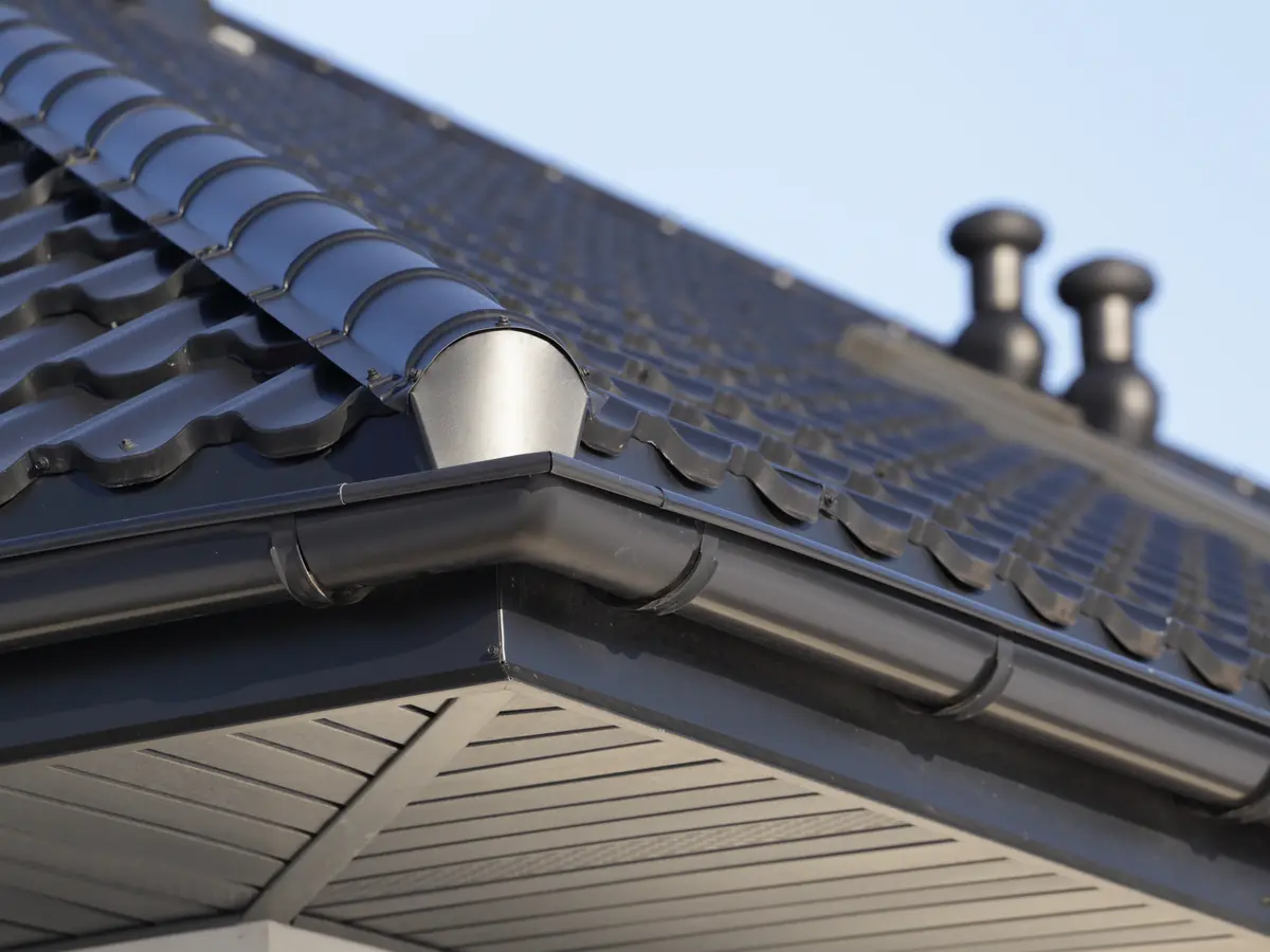 Black eavestrough on a fascia with a light soffit below