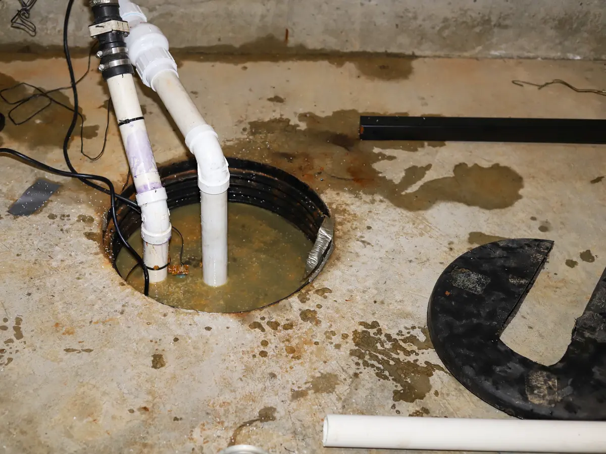 Sump pit and pump pipework in a basement floor