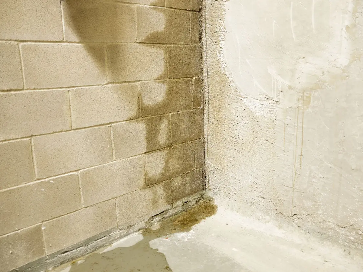 Damp concrete block foundation wall stained by water