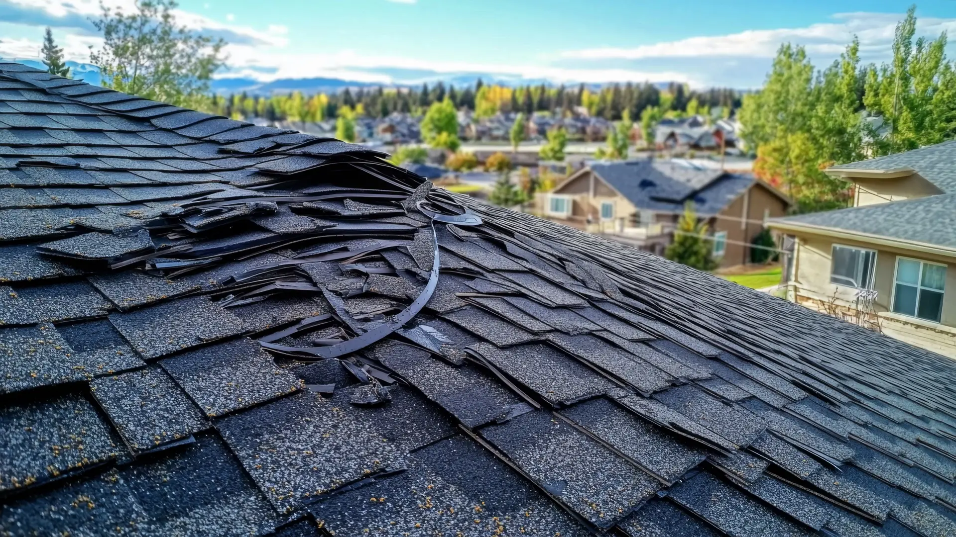 Wind-damaged asphalt shingles lifted on a house roof above a residential street